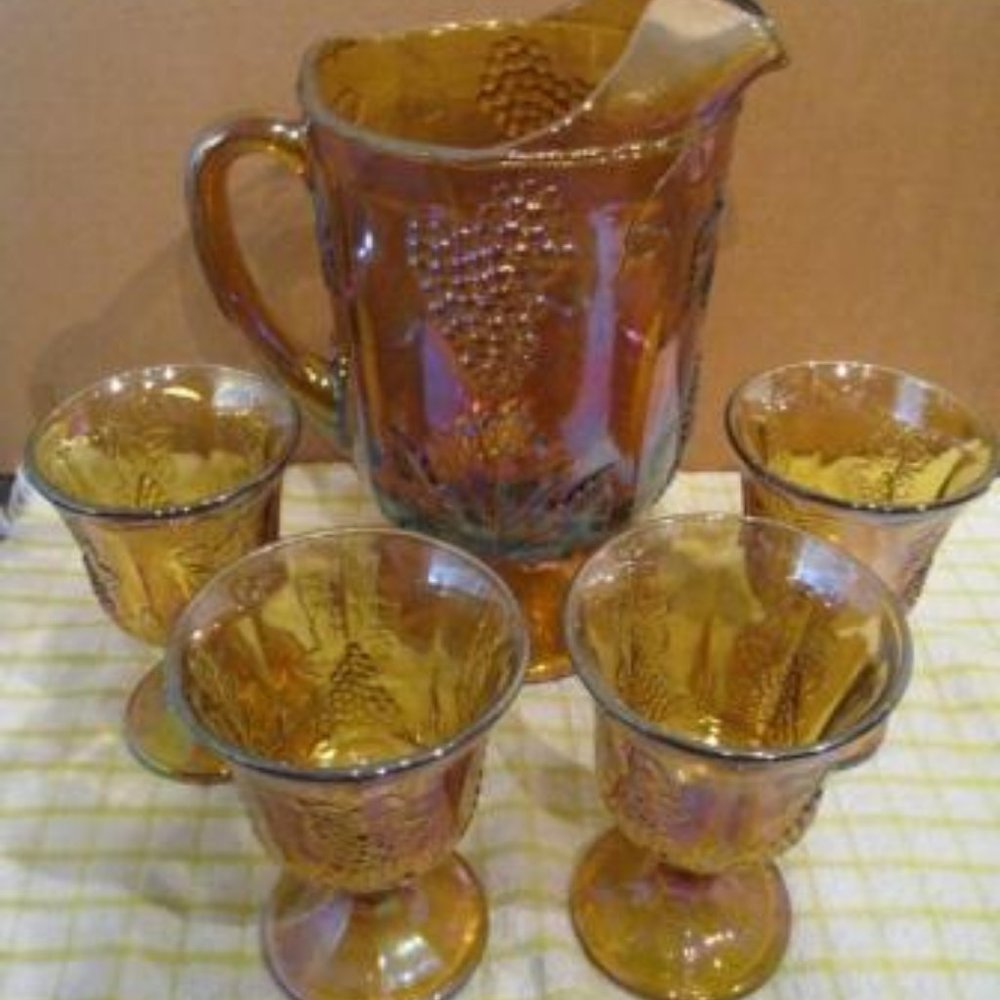 Carnival Glass Pitcher + 4 Goblets - Harvest Grape Pattern - Indiana Glass Co.